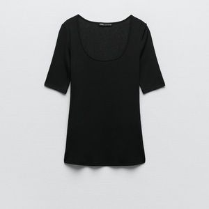 NWT Zara Black Scoop Neck Soft Short Sleeve Top Size Small